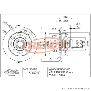 BD0250 DISCO DE FRENO DELANTERO