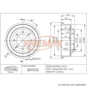 BD0252 CAMPANA DE FRENO TRASERO