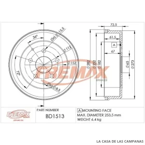 BD1513 CAMPANA DE FRENO TRASERO