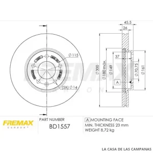 BD1557 DISCO DE FRENO DELANTERO