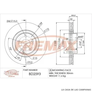 BD2593 DISCO DE FRENO DELANTERO