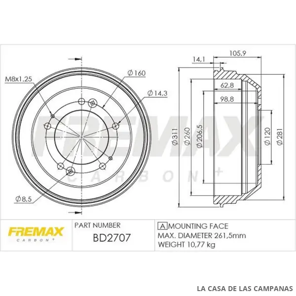 BD2707 CAMPANA DE FRENO TRASERO