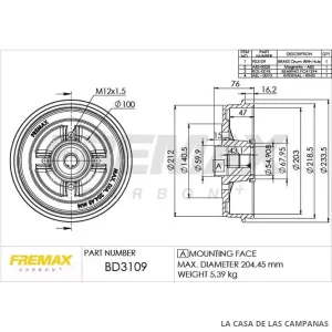 BD3109 CAMPANA DE FRENO TRASERO
