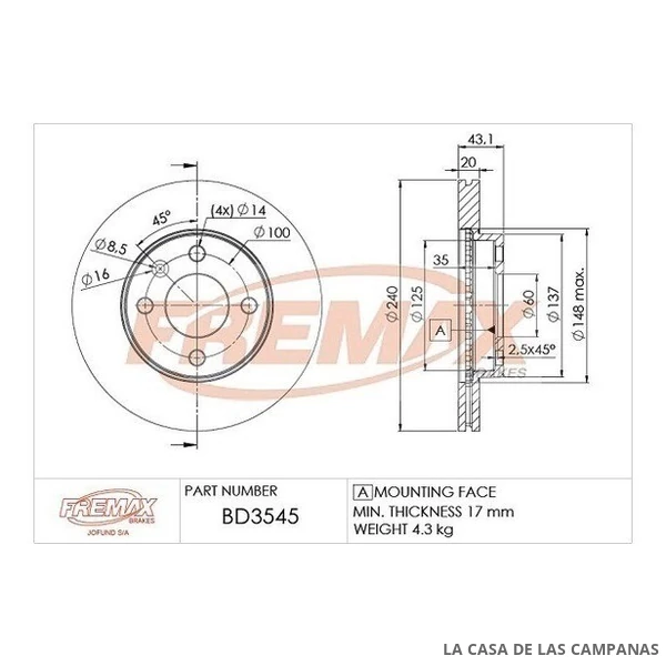 BD3545 DISCO DE FRENO DELANTERO