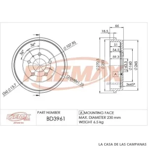 BD3961 CAMPANA DE FRENO TRASERO