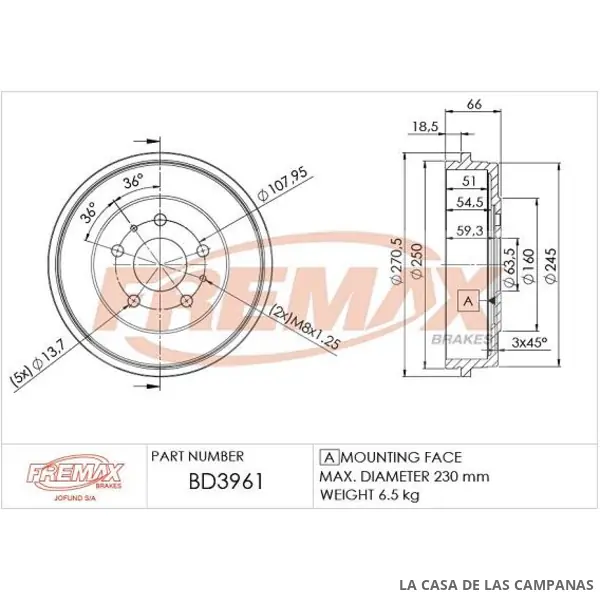 BD3961 CAMPANA DE FRENO TRASERO