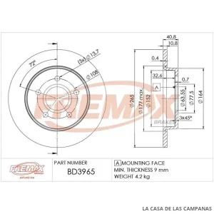 BD3965 DISCO DE FRENO TRASERO