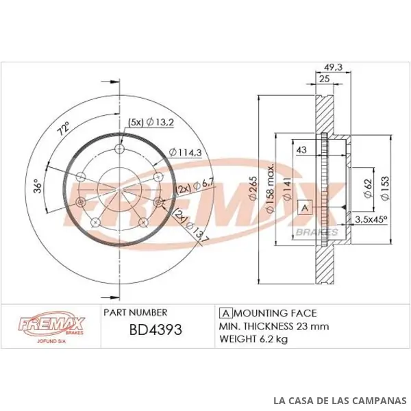 BD4393 DISCO DE FRENO DELANTERO