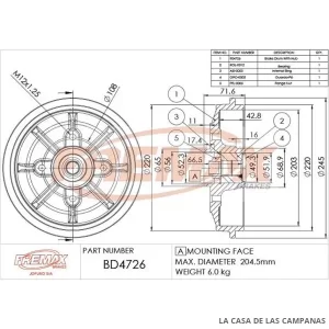 BD4726 CAMPANA DE FRENO TRASERO