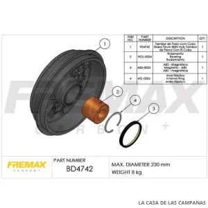 BD4742 CAMPANA DE FRENO TRASERO