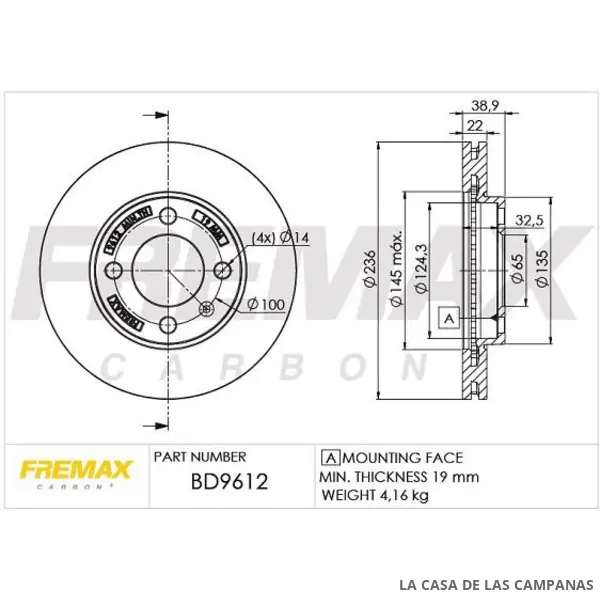 BD9612 DISCO DE FRENO DELANTERO